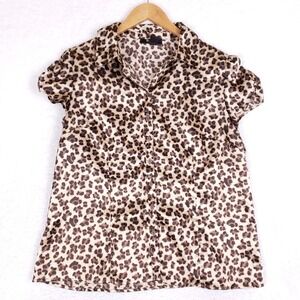 Style & Co Leopard Print Button Down Shirt Short Puff Sleeve Satin Blouse 16